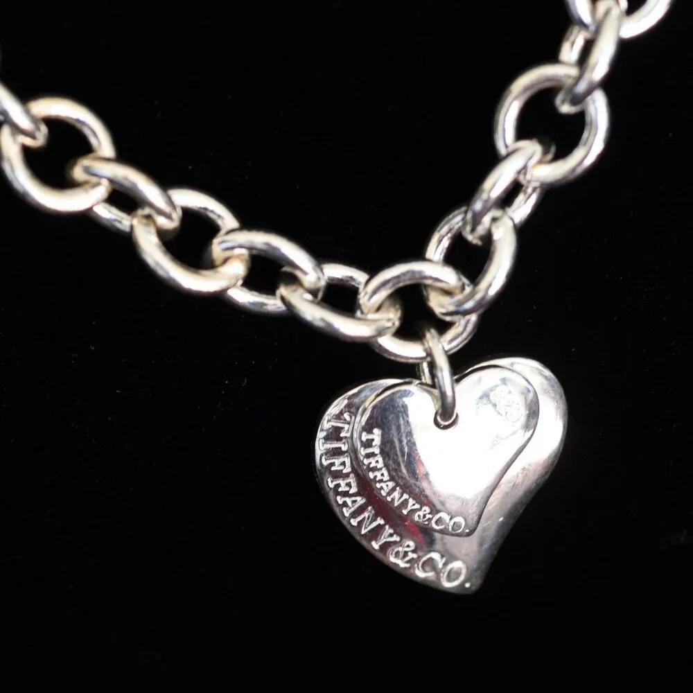 Tiffany Sterling Silver Heavy Link Double Heart Charm Necklace - Picture 3 of 7